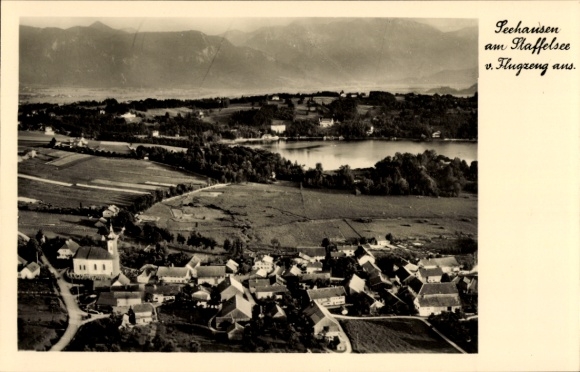 Postcard Seehausen am Staffelsee, aerial photograph, Seehausen, Plaffelsee, church, houses