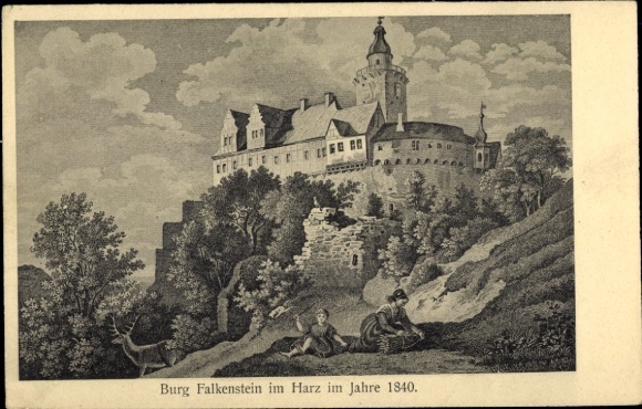 Ak Pansfelde Falkenstein in de Harz, kasteel Falkenstein, tekening uit 1840