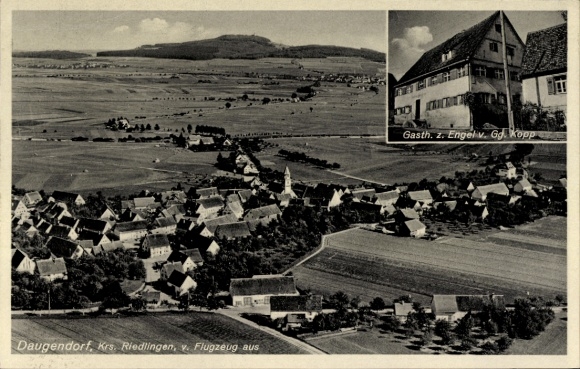 Postcard Daugendorf Riedlingen on the Swabian Alb, aerial photograph, Gasthaus zum Engel, Gg. Kopp