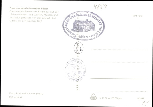 Postcard Lützen in the Burgenlandkreis, Gustav Adolf memorial, log cabin on the Schwedeninsel, weapons