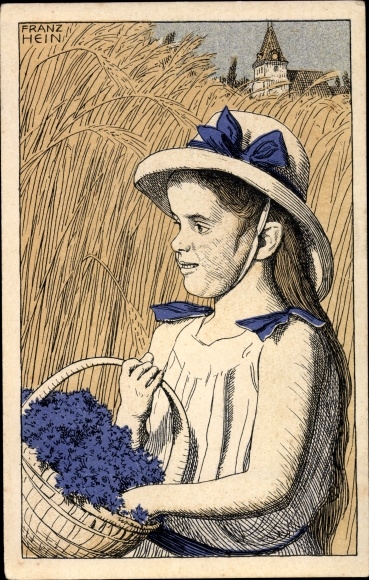Kunstenaarskaart Hein, F., meisje in het korenveld, blauwe korenbloemen, mandje, welzijnsvereniging
