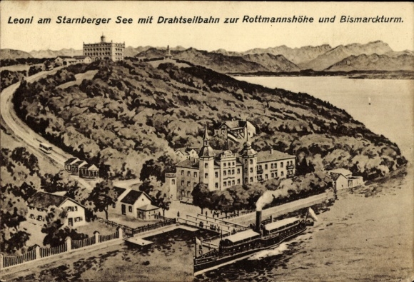 Postcard Leoni Berg on Lake Starnberg, Upper Bavaria, cable car to Rottmannshöhe and Bismarck Tower