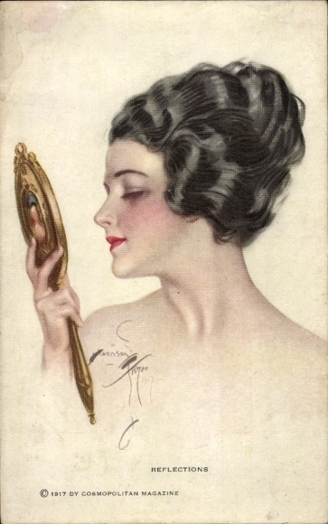 Artist Postcard Fisher, Harrison, Reflections, Woman looking at herself in a hand mirror