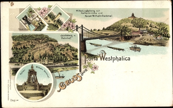 Chromo-Litho Porta Westfalica on the Weser, Kaiser Wilhelm monument, Jacobsberg, train station, chain bridge