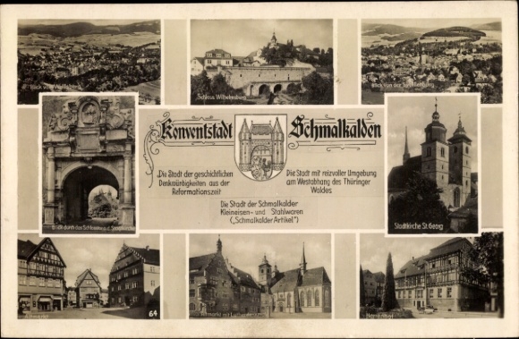 Postcard Schmalkalden in the Thuringian Forest, various views of Wibelsberg, monuments, churches
