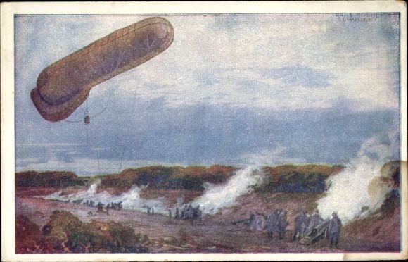 Künstler Ak Schulze, Hans Rudolf, Fesselballon der Deutschen Luftflotte im I. WK, Artillerie