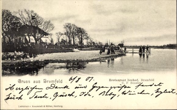 Postcard Hamburg Wandsbek Bramfeld, Restaurant Seehof, waterfront