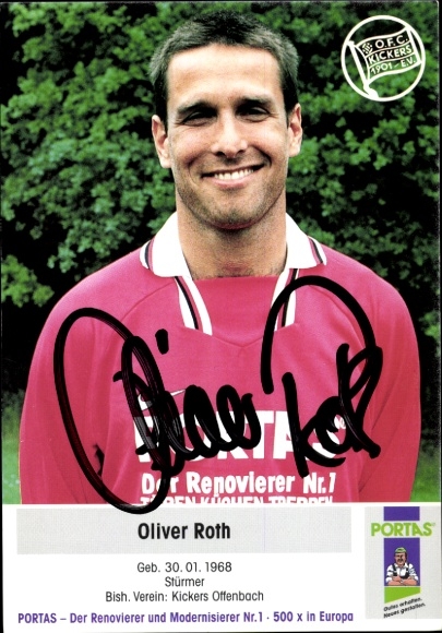 Karta z autografem piłkarza Olivera Rotha, Kickers Offenbach, autograf