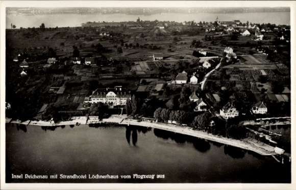 Postcard Island of Reichenau in Lake Constance, aerial photograph of Strandhotel Löchnerhaus