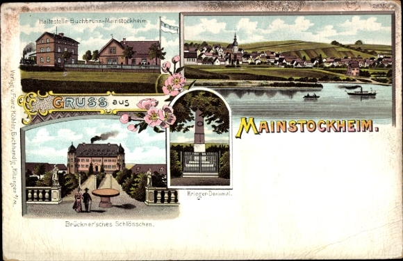 Litho Mainstockheim Unterfranken, Brückner'sches Schlösschen, Haltestelle Buchbrunn, Kriegerdenkmal