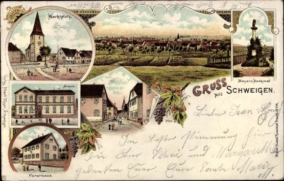 Litho Schweigen Wijnroute Rechtenbach, panorama, marktplein, school, boswachtershut, Beiers monument