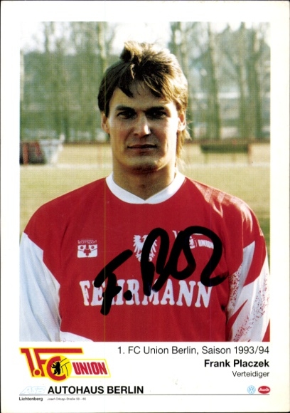 Autogrammkarte Fußballer Frank Placzek, 1. FC Union Berlin, Autogramm