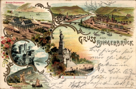 Litho Bingerbrück Bingen am Rhein, Niederwalddenkmal, Bahnhof, Rheinstein, Mäuseturm