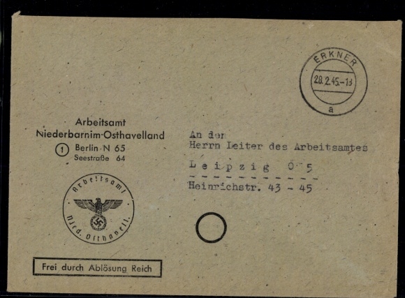 Postage-free official letter "Erkner 28.2.45"