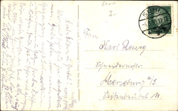Postcard Suhl in Thuringia, Bismarck Tower, forest, road, clouds,