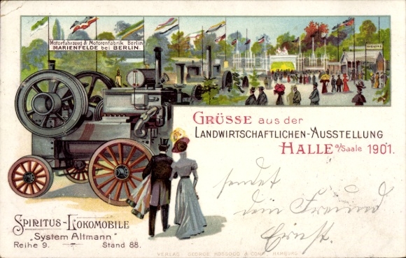 Litho Halle an der Saale, Landwirtschaftliche Ausstellung 1901, Spiritus Lokomobile, System Altmann