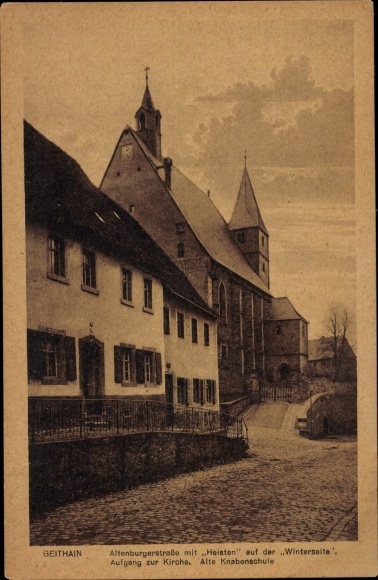 Ak Geithain in Sachsen, Altenburgerstraße mit Heisten auf der Winterseite, Knabenschule, Kirche