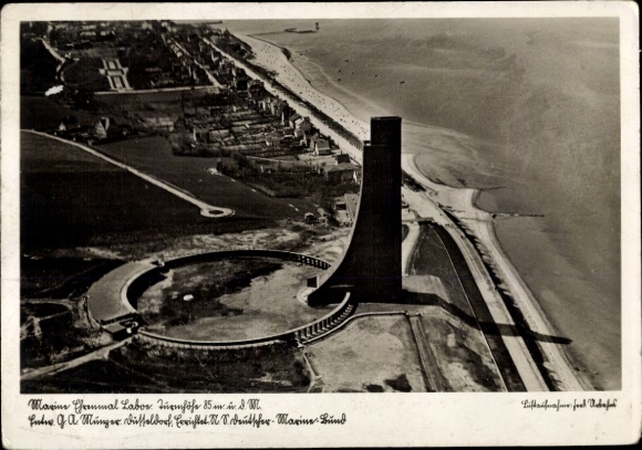 Postcard Naval Memorial Laboe, aerial photograph, NS German Marine Federation