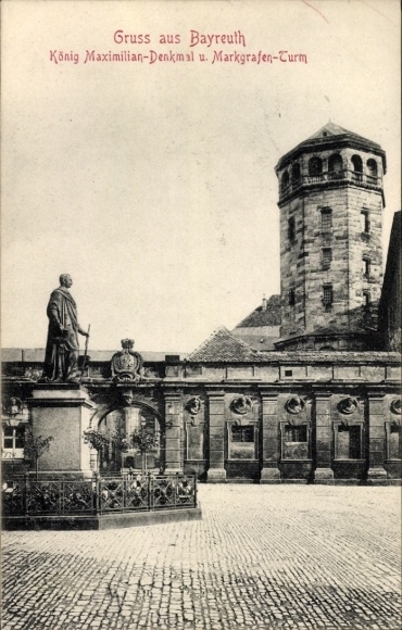 Ak Bayreuth in Opper-Franken, Koning Maximiliaanmonument en Markiezentoren