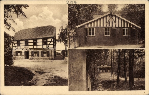 Postcard Schrebitz Nossen in Saxony, three-part view, building in half-timbered style, Gasthaus zum Wolfsg