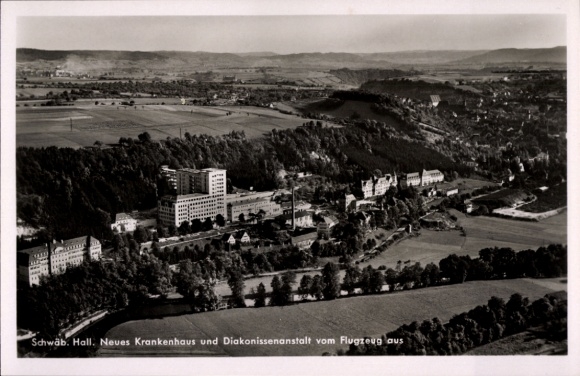 Postcard Schwäbisch Hall in Württemberg, aerial photograph of the hospital, deaconess institution, rural surroundings