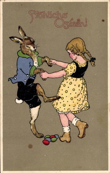 Ak Gefeliciteerd Pasen, meisje en paashaas dansen
