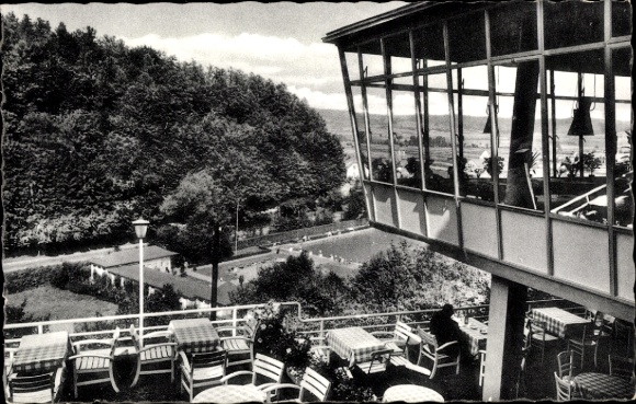 Postcard Bad Driburg in Westphalia, view from Cafe Falkenhöhe to the swimming pool