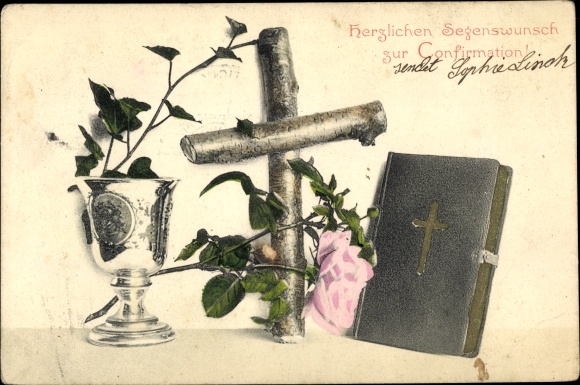 KP gratulacje potwierdzenie, kielich, krzyż, Biblia, kwiat