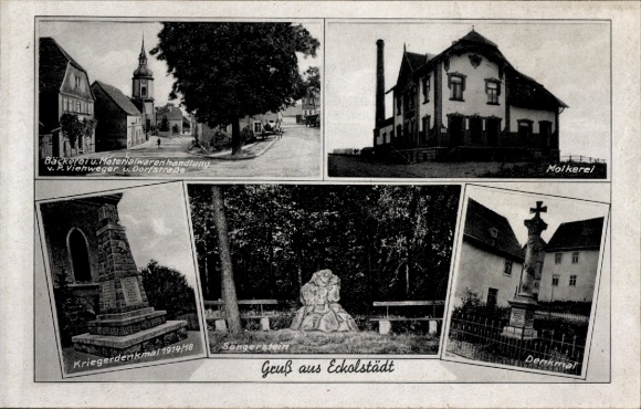 Postcard Eckolstädt Bad Sulza in Thuringia, view of bakery, dairy, war memorial, De