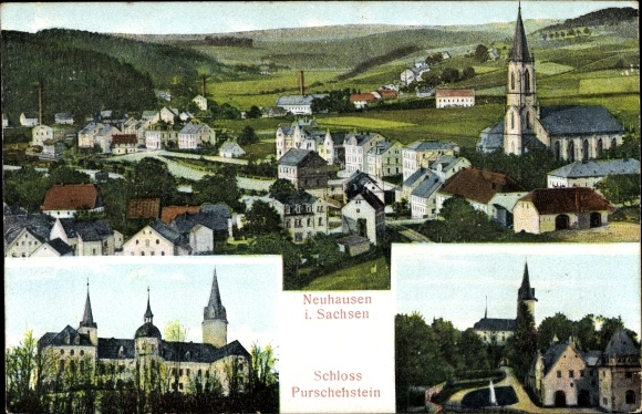Postcard Neuhausen im Erzgebirge, general view with church, castle Purschenstein