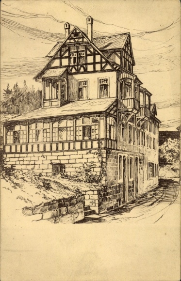 Postcard Paulinzella Rottenbach Königsee in Thuringia, Gasthaus Menger, drawing, s building