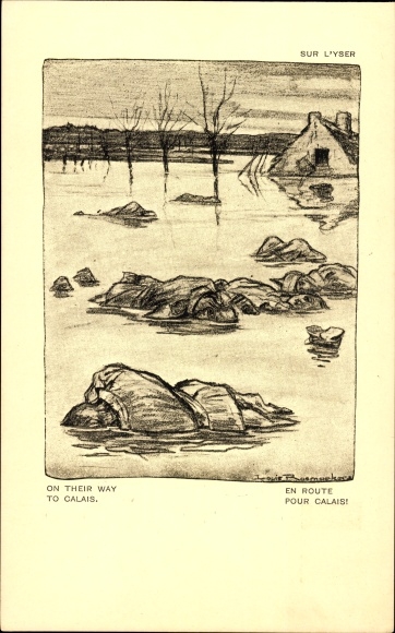 Artist PC Raemaerkers, Yser battlefield, on the way to Calais, fallen soldiers, WWI