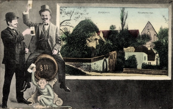 Passepartout Postcard Zehdenick in the Oberhavel district, The monastery ruins, men with beer, monkey