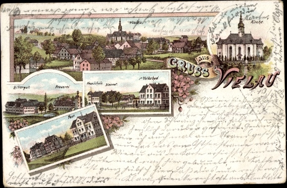Chromo-Litho Vielau Reinsdorf Saxony, church, manor, brewery, public bath, post office