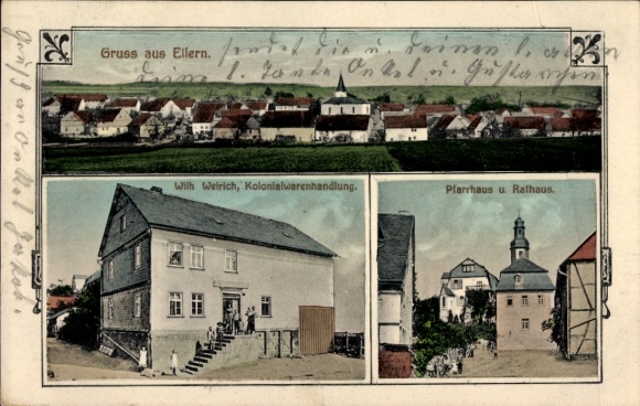 Postcard Ellern in the Hunsrück, rectory, town hall, grocery store, total view