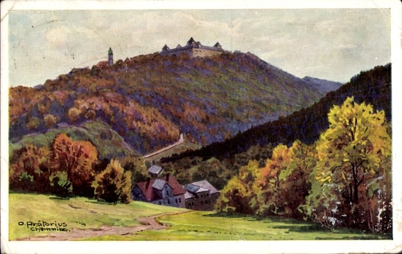 Ak Augustusburg im Erzgebirge, Berglandschaft, Schloss auf dem Hügel, herbstliche Farben, O. P...