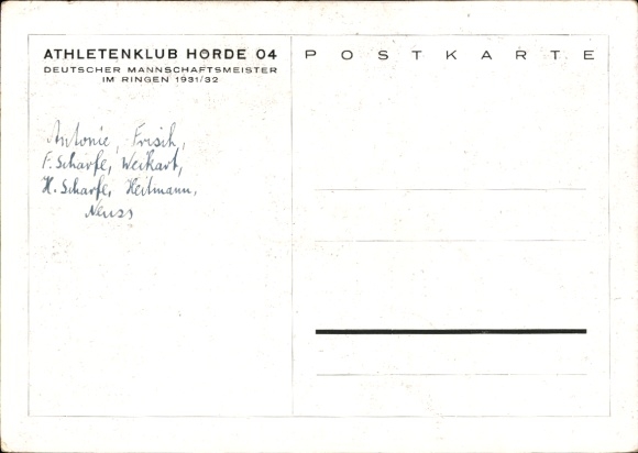 Postcard Athletenklub Hörde 04, German team champion in wrestling 1931/1932