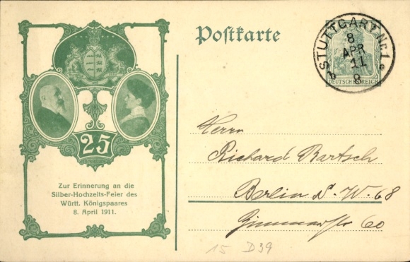 Ganzsachen Ak König Wilhelm II. von Württemberg, Königin Charlotte, Silberhochzeit 1911