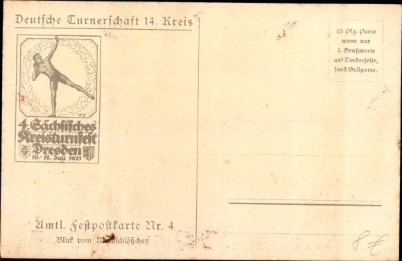 Artist coat of arms PC Dresden, 4th Saxon district gymnastics festival 1921, city view from the small forest castle