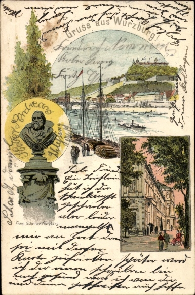 Chromo-Litho Würzburg am Main Lower Franconia, water area, bust, street area