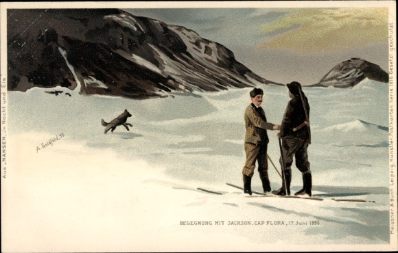 Artist Chromo-Litho Goldfeld, A., Polar explorer Fridtjof Nansen, Frederick George Jackson, Cap Flora 1896