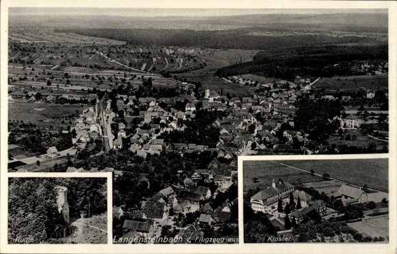 Postcard Langensteinbach Karlsbad in Baden, ruin, monastery, bakery, aerial photograph