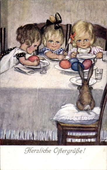 Artist Postcard Congratulations Easter, Three girls at the dining table, Easter bunny, Easter eggs
