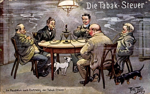 Artist Postcard Thiele, A., Tobacco Tax, Smoking Men, Dachshund