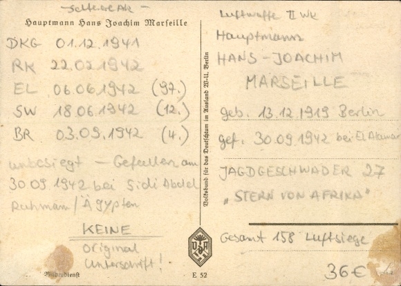 Postcard German Air Force, Captain Hans Joachim Marseille, Knight's Cross, VDA E 52, autograph