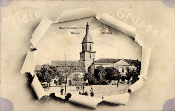 Passepartout Postcard Neuhaldensleben Haldensleben Börde, church, town hall