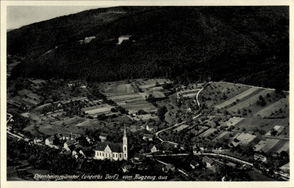 Ak Ettenheimmünster Ettenheim in Baden, Fliegeraufnahme, Unteres Dorf