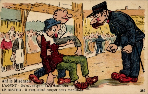 Postcard Drunk man with red nose, policeman