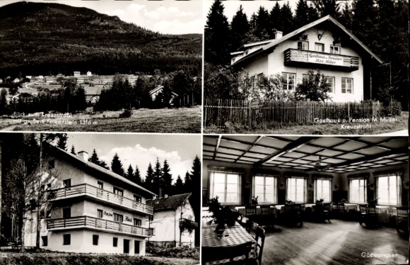 Postcard Kreuzstraßl in Bavaria, view of the Kreuzszraßl with the large Falkenstein, Gasthaus M. Müller
