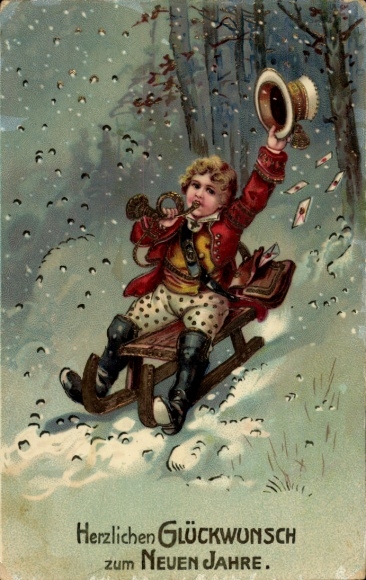 Chromo-Litho New Year's greetings, sleigh ride